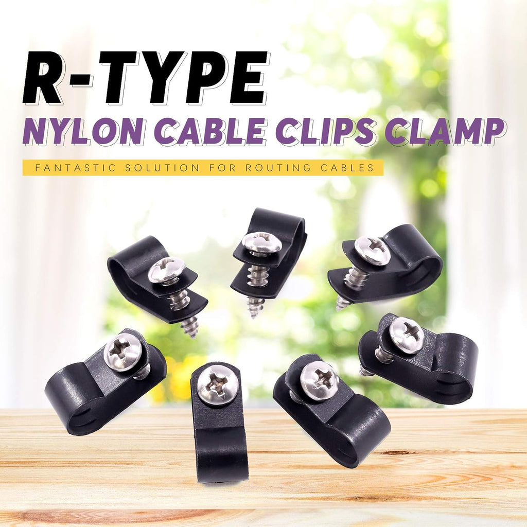 Swpeet 120 Pack Black 5/16 Inch Nylon Plastic R-Type Cable Clips Clamp Kit, Nylon Screw Mounting Cord Fastener Clips with 60 Pack Screws for Wire Management (5/16 Inch, Black)