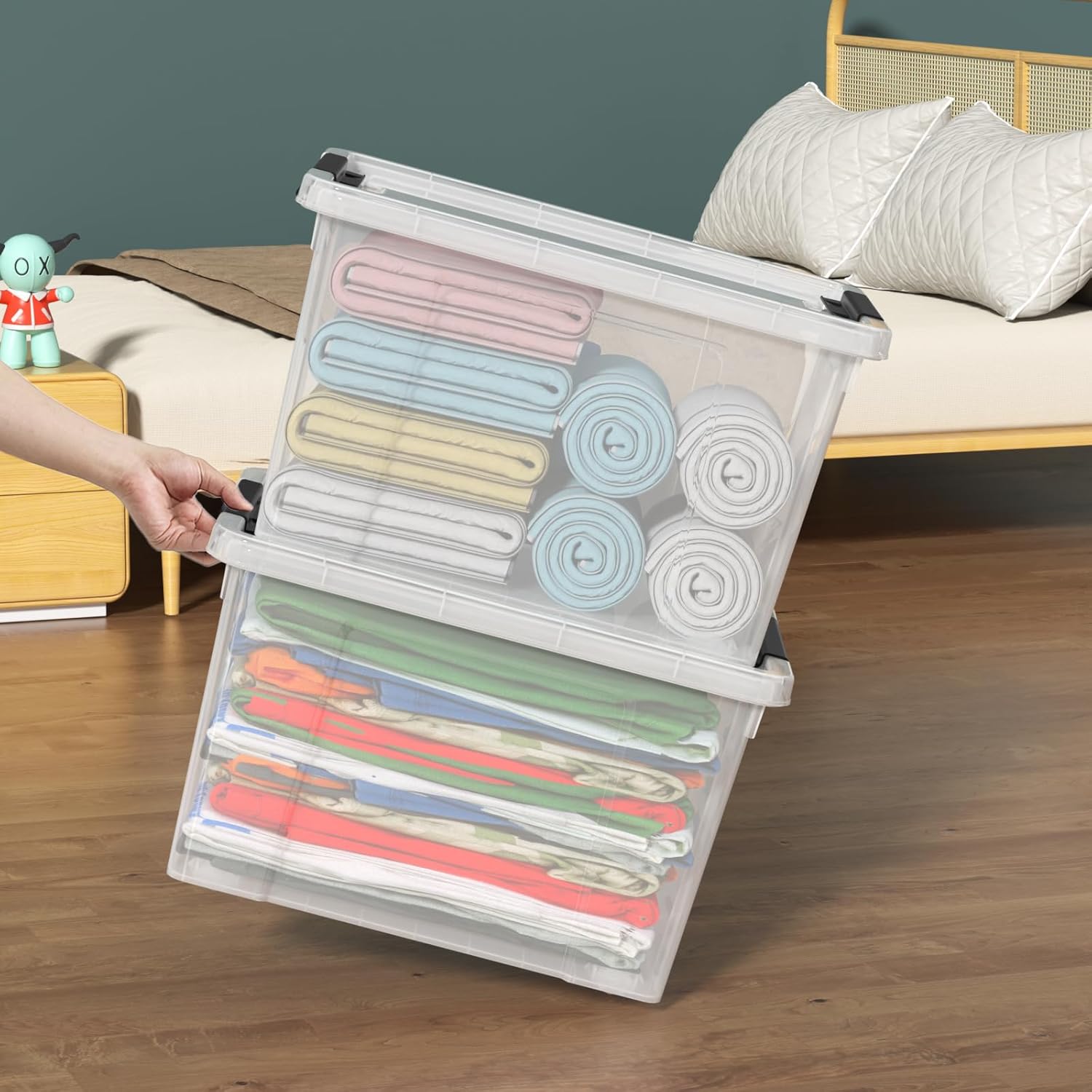 22 Quart Stackable Plastic Storage Bins with Lids and Latching Buckles, 4 Pack Tubs Boxes Organizing, Clear
