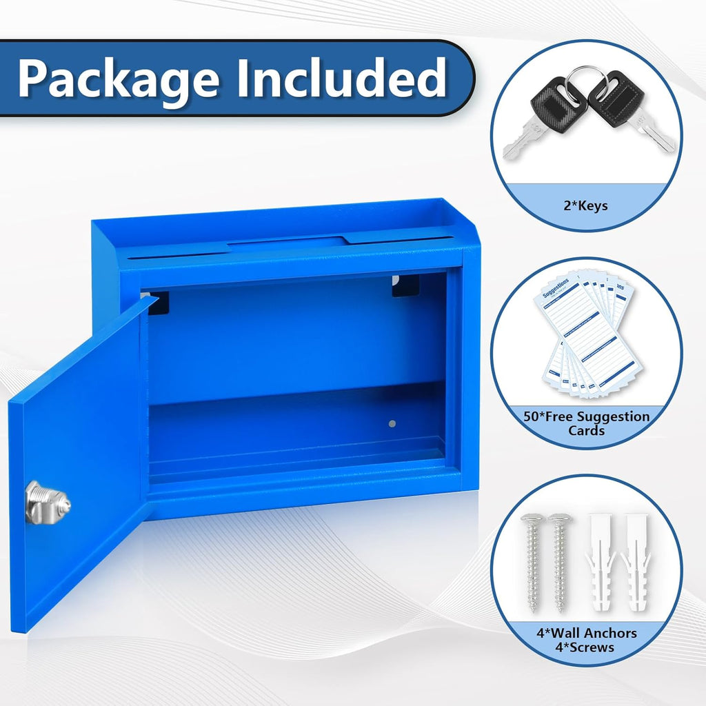 Kyodoled Suggestion Box,Locking Mailbox, Key Drop Box, Wall Mounted Mail Box,Safe Lock Box,Ballot Box,Donation Box 9.8" W x 3" D x 7" H, Blue