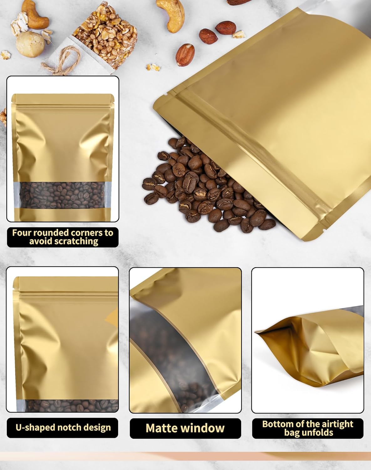 FireKylin 100 Pack Smell Proof Bags 6.3" x 9.4", Resealable Bags with Matte Window, Foil Pouch Stand Up Sealable Bags for Packaging(Gold)
