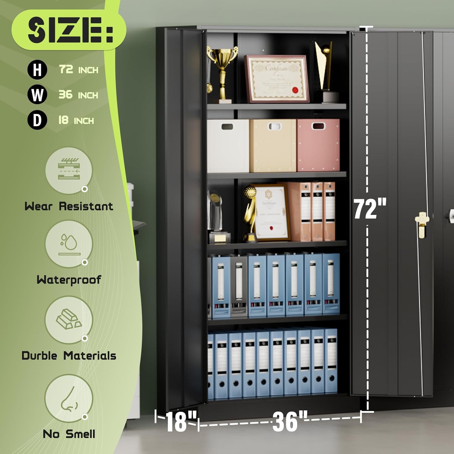 SUNCROWN 72" Metal Storage Cabinet - Heavy-Duty Metal Garage Cabinet with 4 Adjustable Shelves & 2 Doors for Tools, Office, Home, Workshop,Black