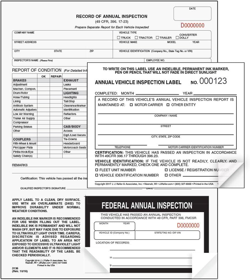 J. J. Keller 100-Pack, Record of Annual Inspection Form with Inspection Decal & Prenumbered Vinyl Adhesive Label 2-Ply, 2-Ply Carbonless Form, DOT Compliant