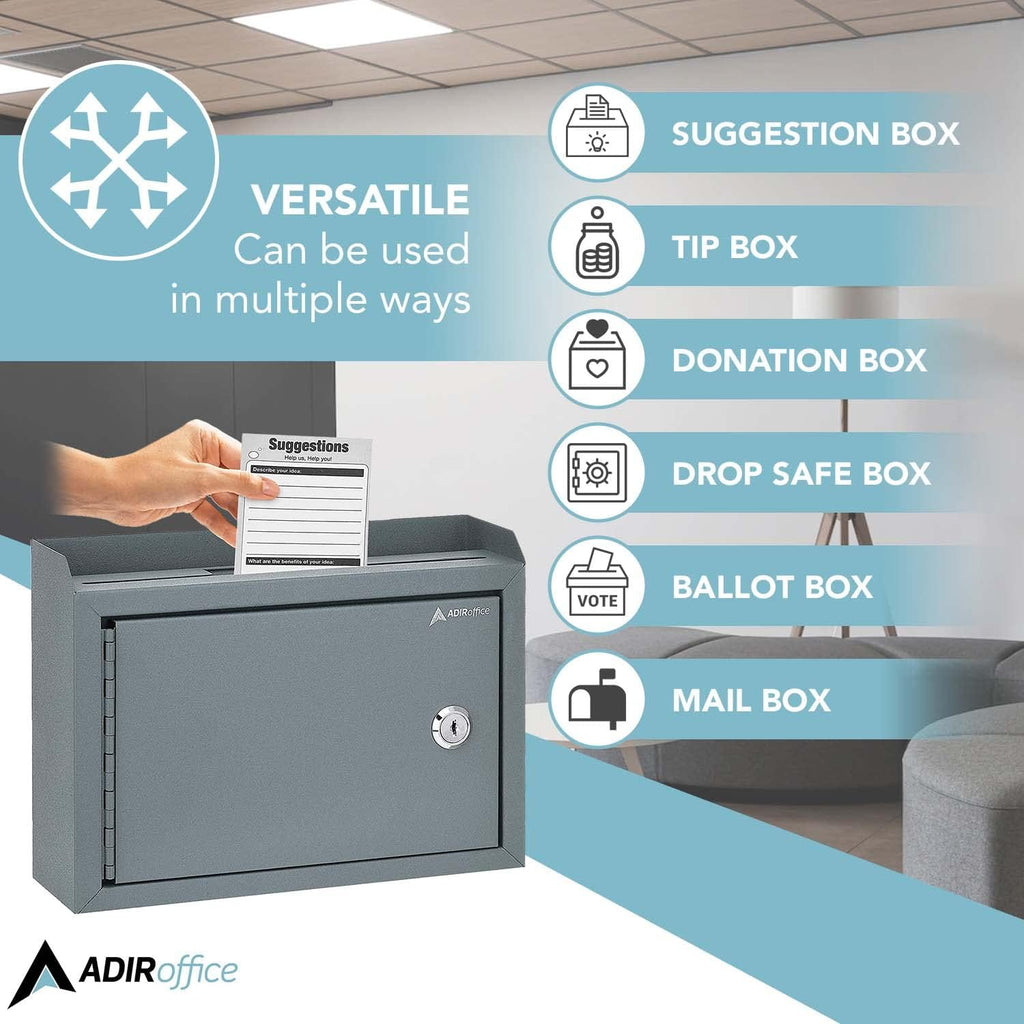 Adir Suggestion Box with Slot and Lock - Money Drop Box with Lock, Cash Dropbox - 9.8x7.5x3.4 Inches Wall Mount Donation Box - Metal Deposit Box in Gray