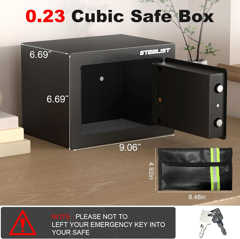 Small Safes with Fireproof Bag, 0.23 Cubic Fireproof Safe for Home, Safety Box with Key, Black Digital Security Safes, Fire Proof Safe for Jewelry, Cash, Personal Box for Hotel, Busines