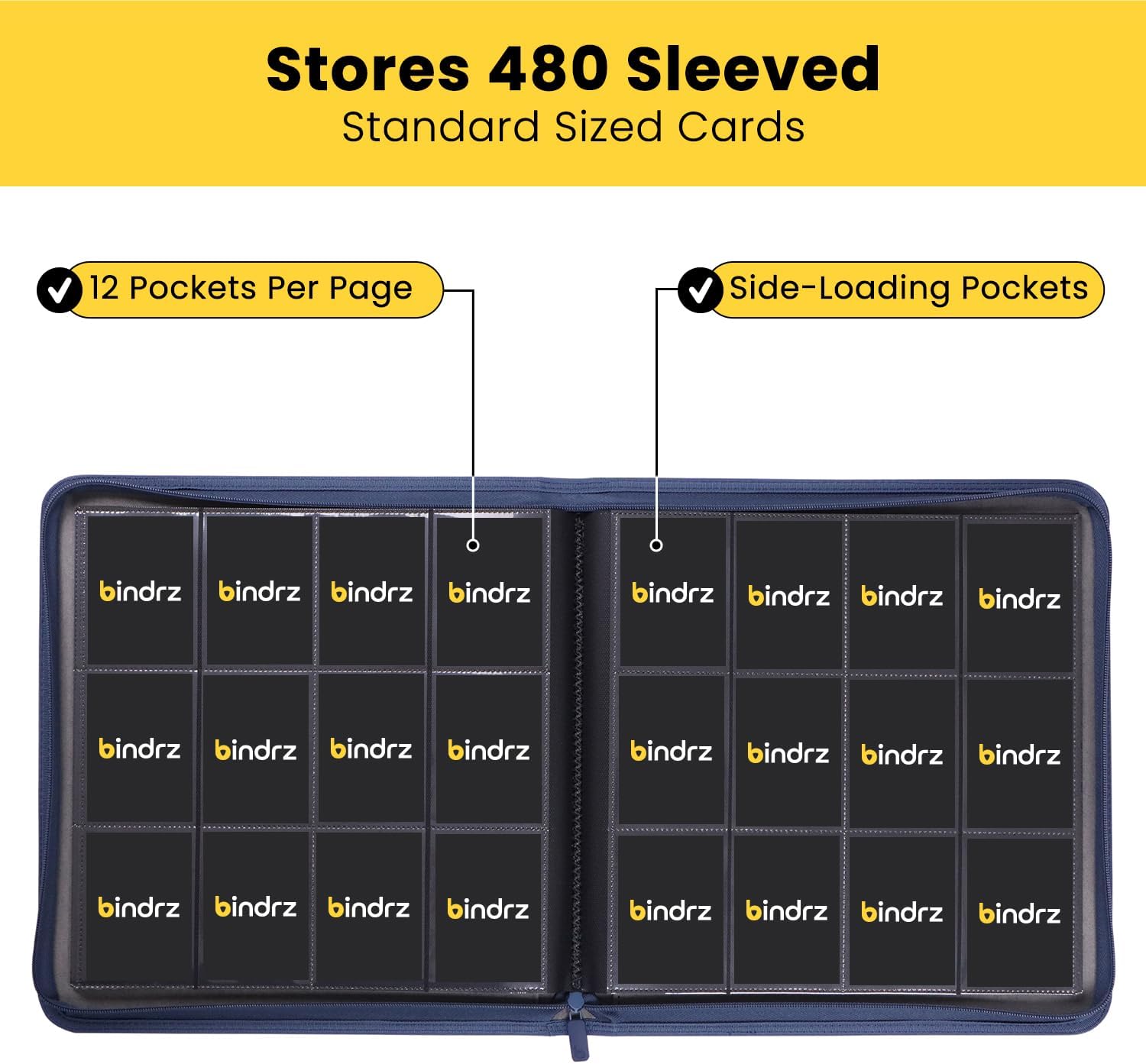 12 Pocket Zipper Binder for 480 Sleeved Trading Cards - Side Loading Pockets Album - Archival Safe Material and Compatible with TCG MTG and Sports Collectibles (Blue)