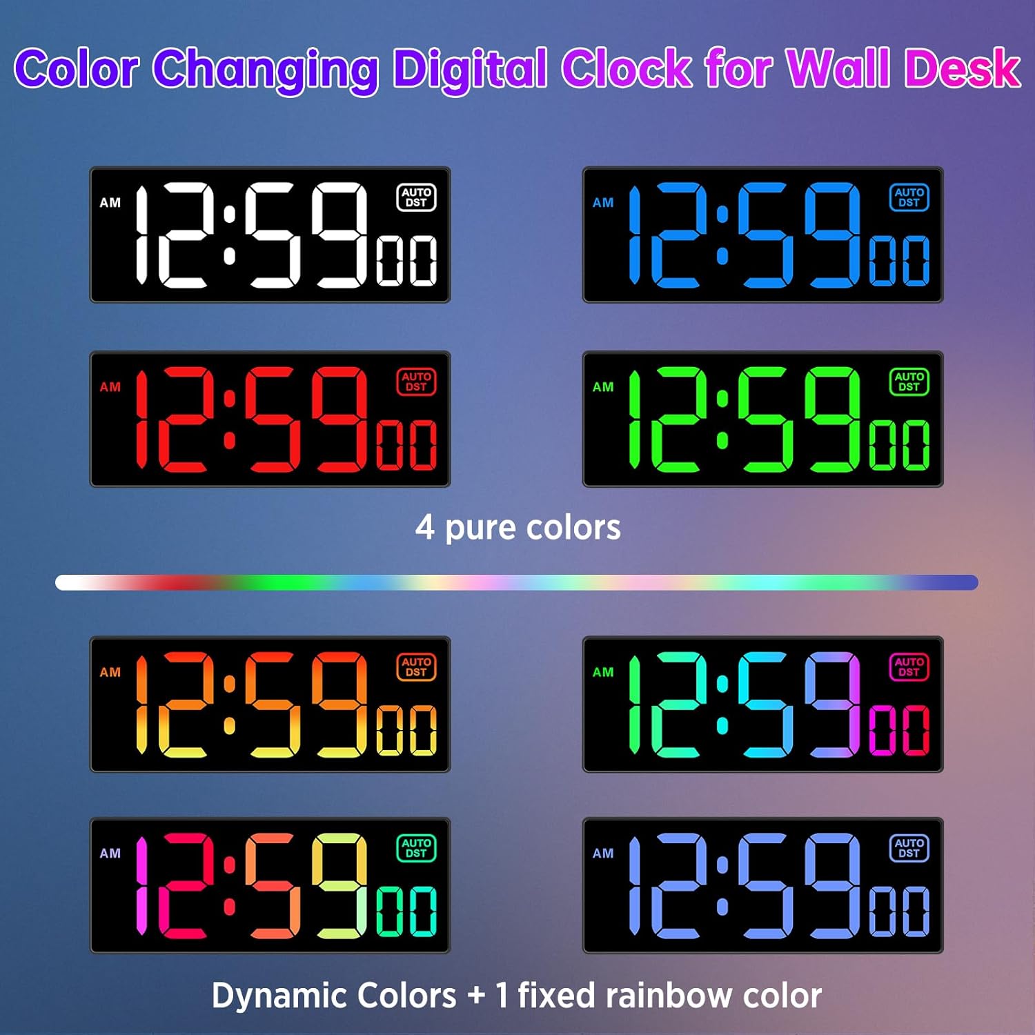 Soobest Large LED Digital Wall Clock 8 RGB Color Changing Display, Corded Plug in Electric Digital Clock with Seconds for Living Room Bedroom Desk Table Office, 5 Dimmers, Auto DST, 10 Inches