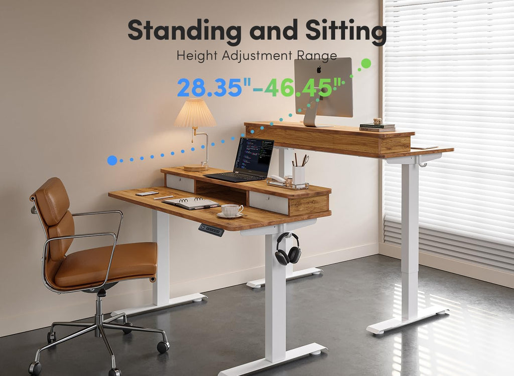 FEZIBO 55 x 24 Inch Height Adjustable Electric Standing Desk with Double Drawer, Computer Desk, Home Office Stand Up Table with 4 Height-Adjustable Feets & 2 Hooks, Light Rustic