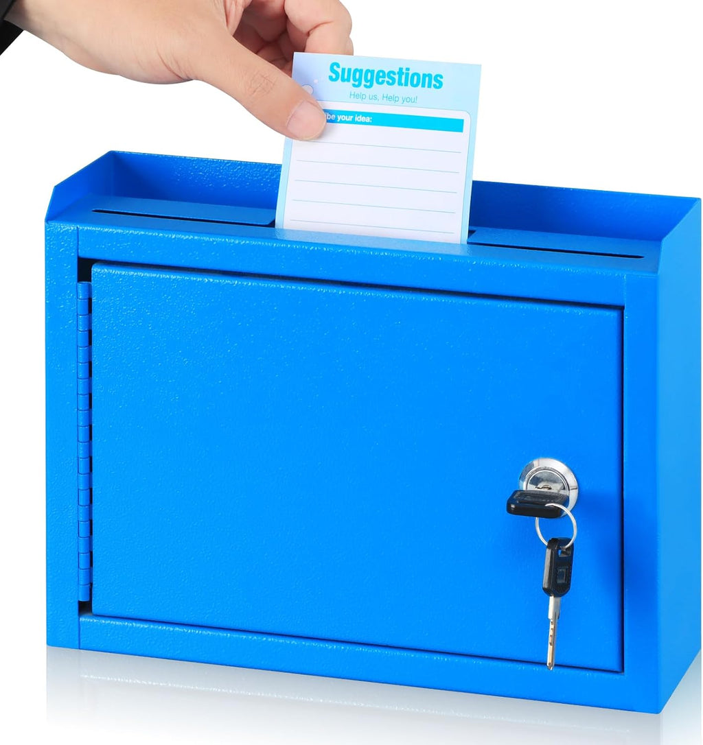 Kyodoled Suggestion Box,Locking Mailbox, Key Drop Box, Wall Mounted Mail Box,Safe Lock Box,Ballot Box,Donation Box 9.8" W x 3" D x 7" H, Blue