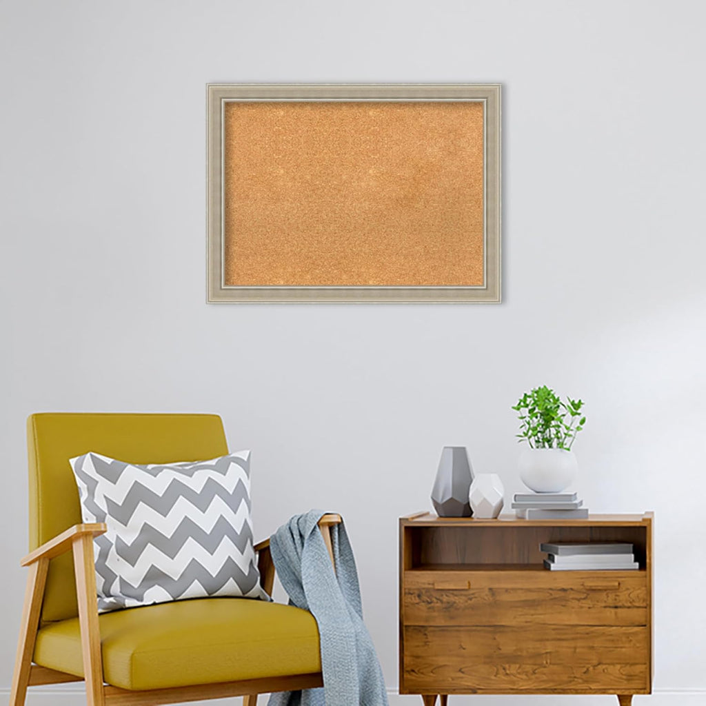 Amanti Art Natural Cork Board for Wall, 24x32 Vision Board with Silver Wood Frame, Medium Corkboard Office Decor for Home Organization, Modern Contemporary Corkboard Pinboard to display items for home