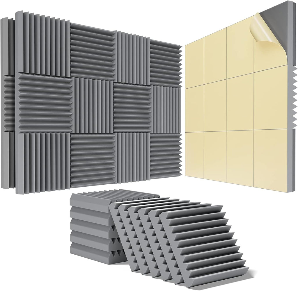 24 Pack Self-Adhesive Acoustic Panels - 2"X 12"X 12"Wall Panels - Quick-Recovery and High Density Sound Panels - Sound proof Acoustic Foam for Home Studio - Gray