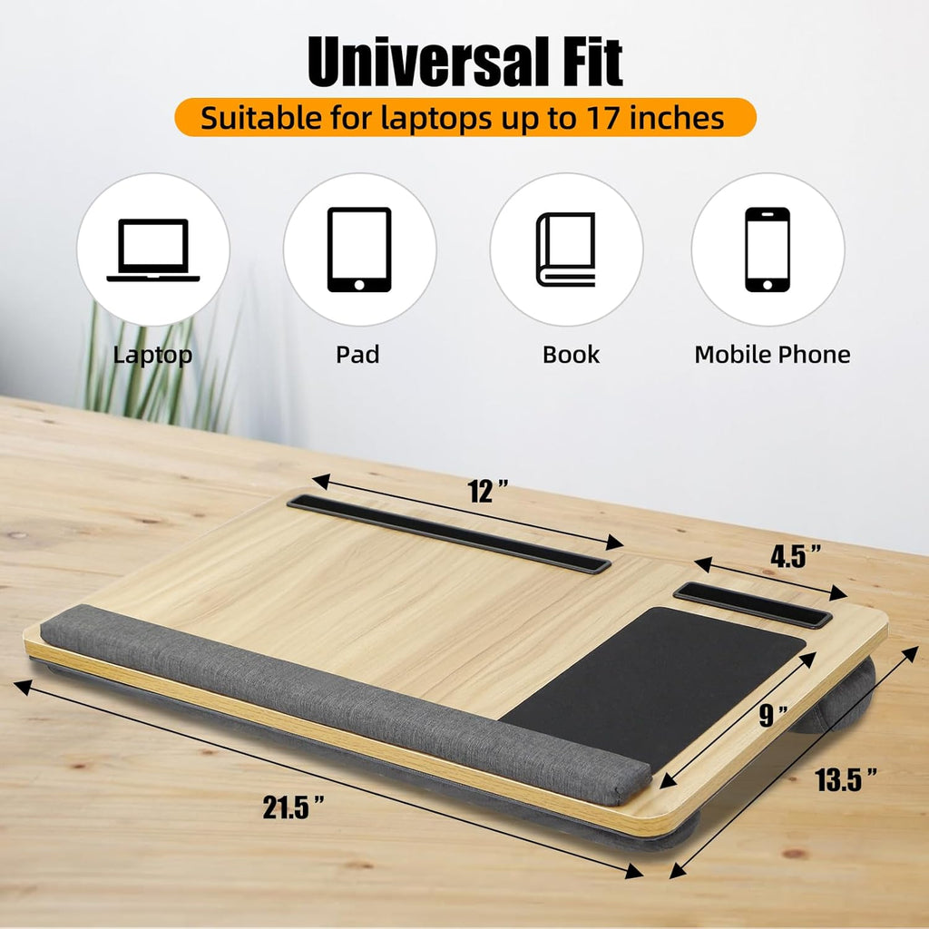 Natural Wood Laptop Tray for Lap - Portable Laps Desk for Lap with Cushion, Lightweight Laptop Lap Tray with Mouse Pad, Fits Laptops Up to 17 Inches, Built-in Mouse Pad, Tablet Phone Holder, Beige