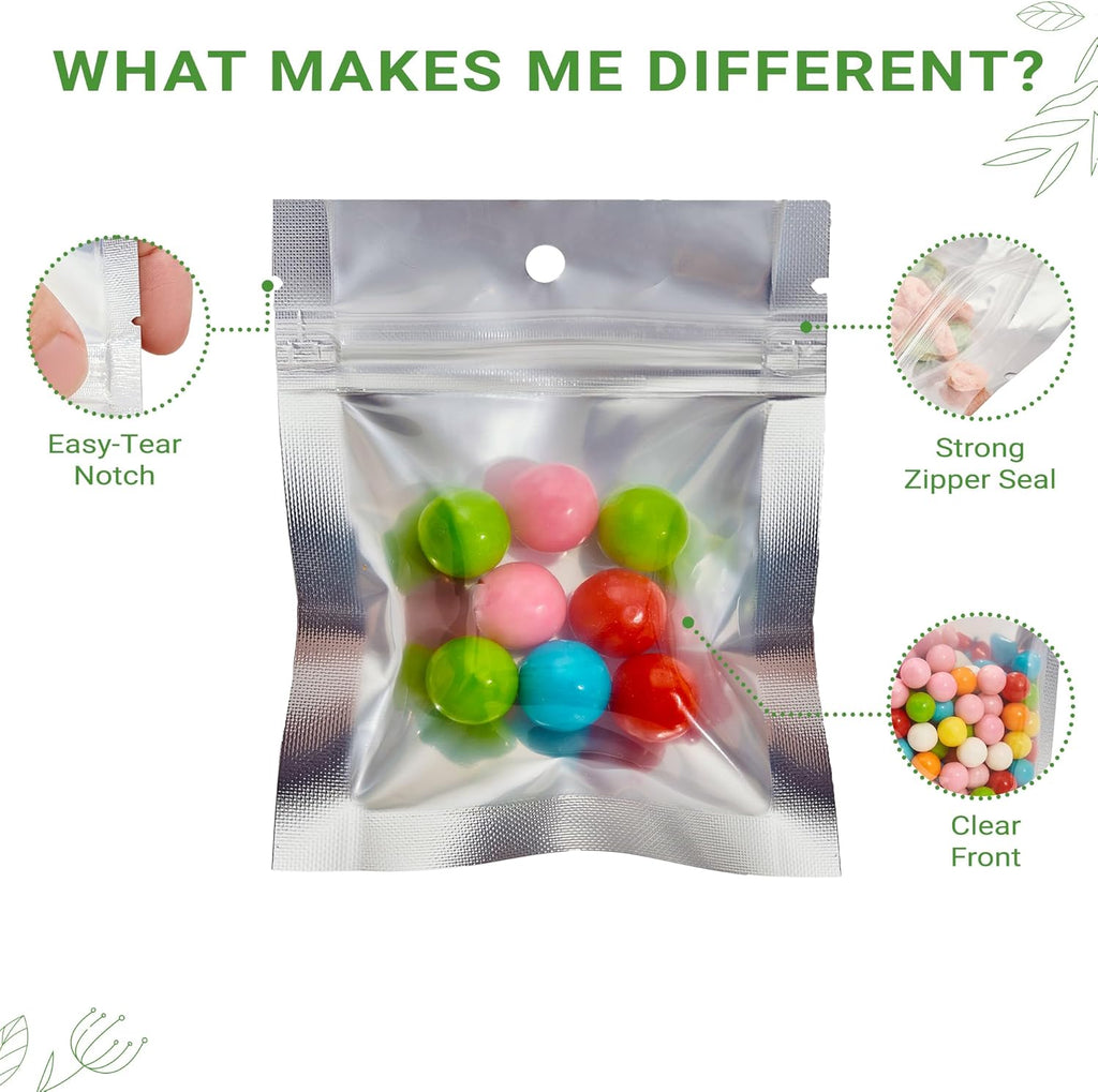 100 Pieces 3.5" x 4.5" Clear/Silver Resealable 3 Seal Pouch Bags Mylar Food Packaging with Tear Notches