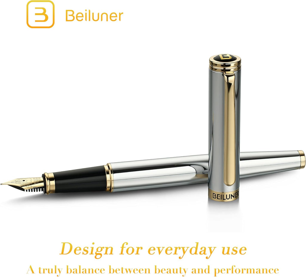 BEILUNER Silver Chrome Fountain Pen,Stunning Luxury Pens with 24K Gold Accents, Gorgeous 24K Gilded Nib(Fine), Ink Converter,Fancy Pen Gift for Men&Women-Elegant, Office, Reliable,Nice for Writing