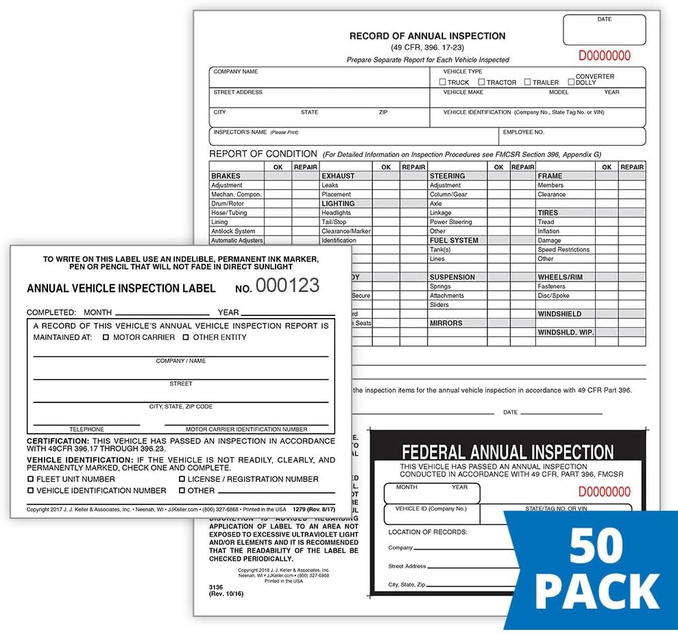 J. J. Keller 50-Pack, Record of Annual Inspection Form with Inspection Decal & Prenumbered Vinyl Adhesive Label 2-Ply, 2-Ply Carbonless Form, DOT Compliant