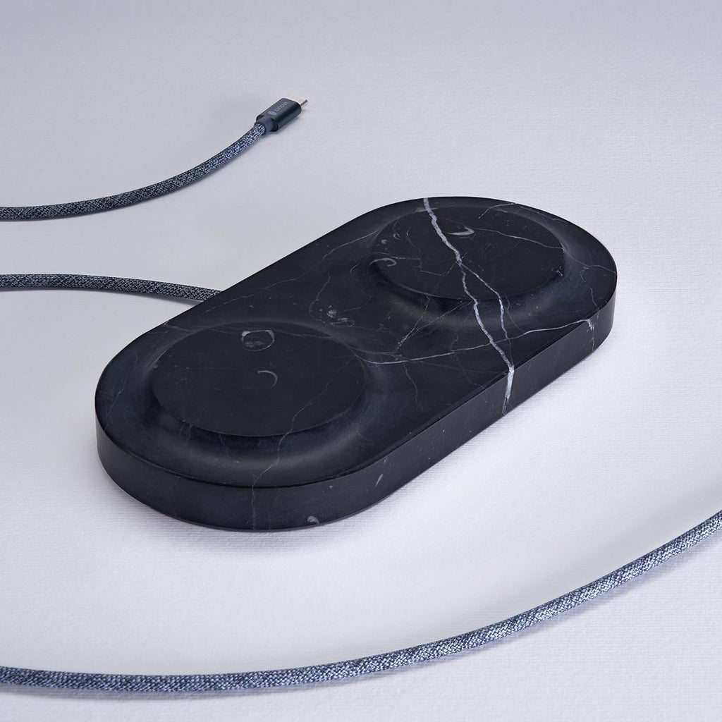 Einova Dual Classic Stone – Dual Wireless Charging Pad in Genuine Marble, Designed in Italy, Integrated 6 ft USB-C Cable, Smartphones, Wireless Earbuds, Smartwatches – Black Marquina Marble