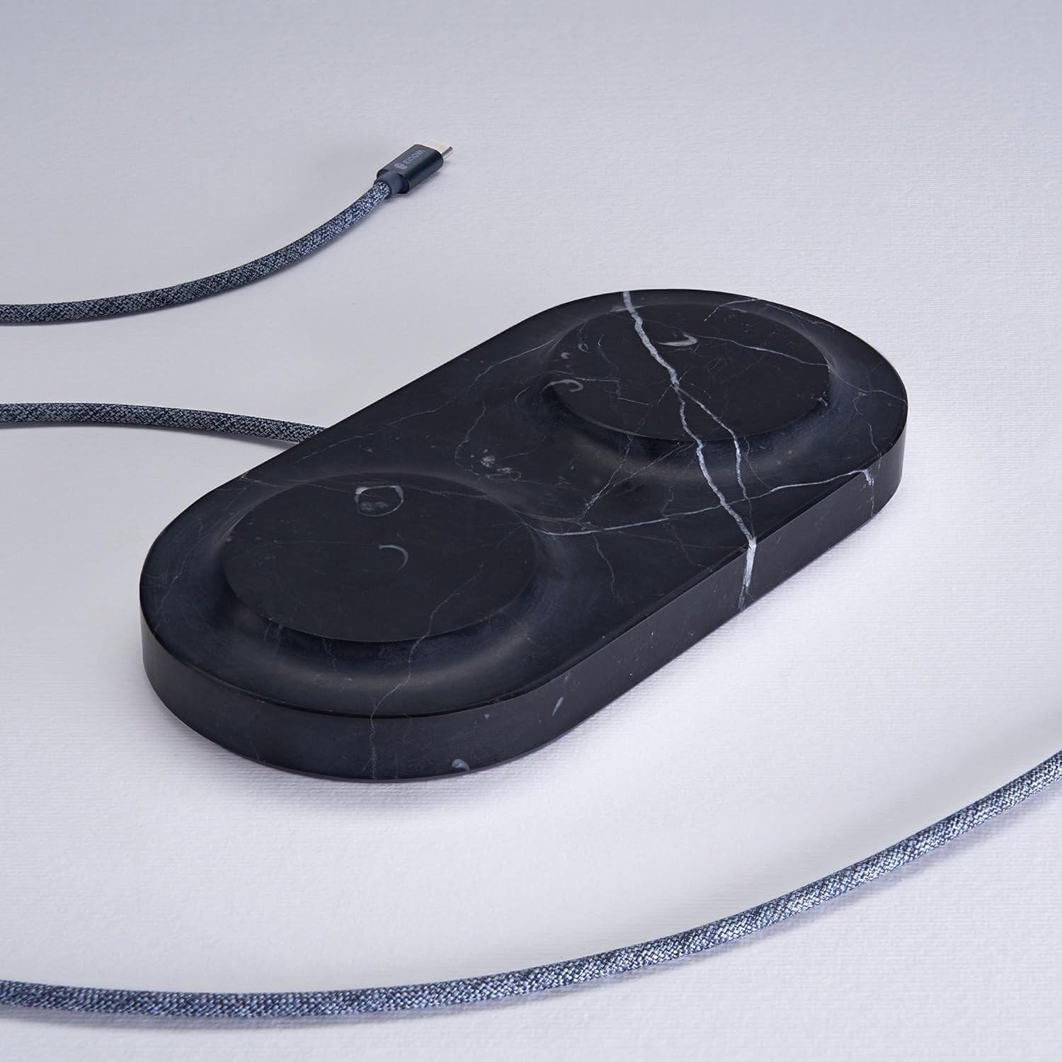 Einova Dual Classic Stone – Dual Wireless Charging Pad in Genuine Marble, Designed in Italy, Integrated 6 ft USB-C Cable, Smartphones, Wireless Earbuds, Smartwatches – Black Marquina Marble