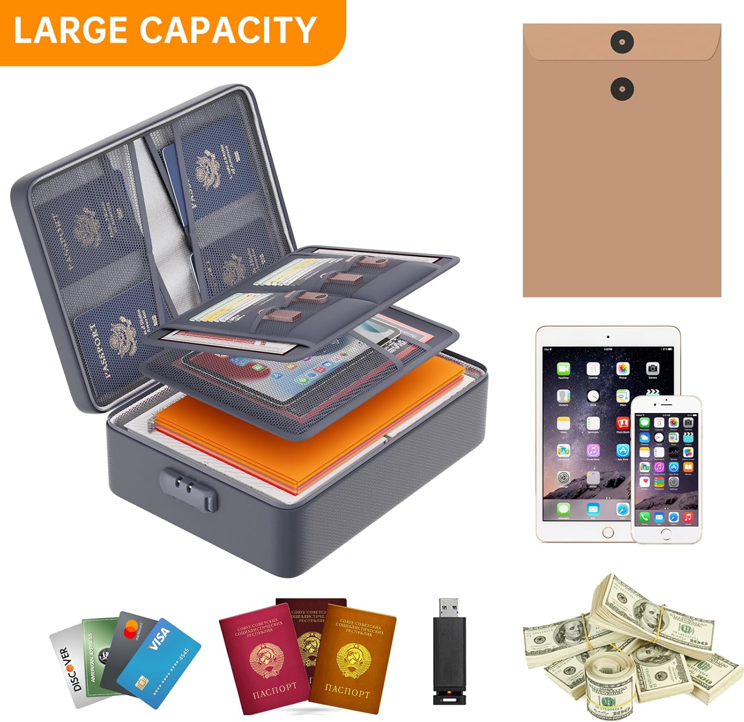 DocSafe 5200°F Document Organizer with Lock,Upgraded Heat Insulated Fireproof＆Waterproof Box 8 Layers File Organizer,Portable Home Travel Safe Storage for Important Documents, Files,Gray (Soft)