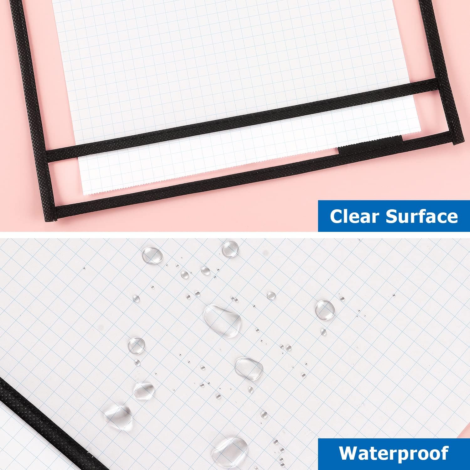 Tamaki 8 Pack Dry Erase Pockets Sleeves with Rings, 10 x 14 Inch Ticket Holders Clear Plastic Sheet Protectors for Teacher Classroom Supplies, Black