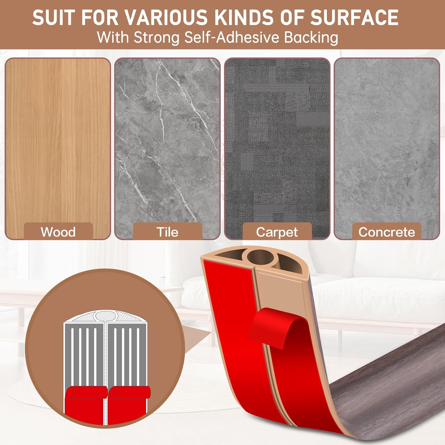 Floor Cord Cover Self Adhesive Cord Hider Floor Extension Cord Covers for Floor Power Cord Protector Cable Management Prevent Cable Trips Cable Cavity 0.32" W x 0.32" H (Brown Walnut Wood, 20Ft)