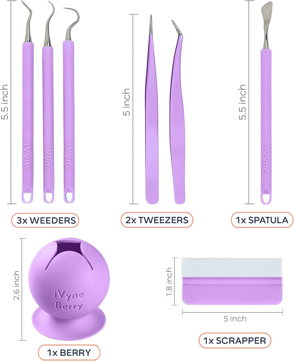 iVyne (8pcs) Premium Vinyl Weeding Tool Kit & Weeding Scrap Collector Soft Grip Tools with Berry, Weeder, Tweezers, Picker Or Hook, and Scraper Set for Silhouette Cameos & Cricut - Purple