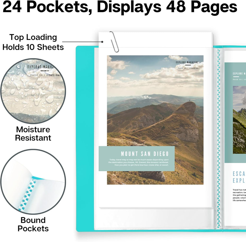 Dunwell Small Presentation Book 5.5x8.5 (2-Pack, Aqua), 24 Pockets Display 48 Half Size Pages, Plastic Binders with Sleeves, 5.5 x 8.5 Mini Booklets, Acid-Free Poly