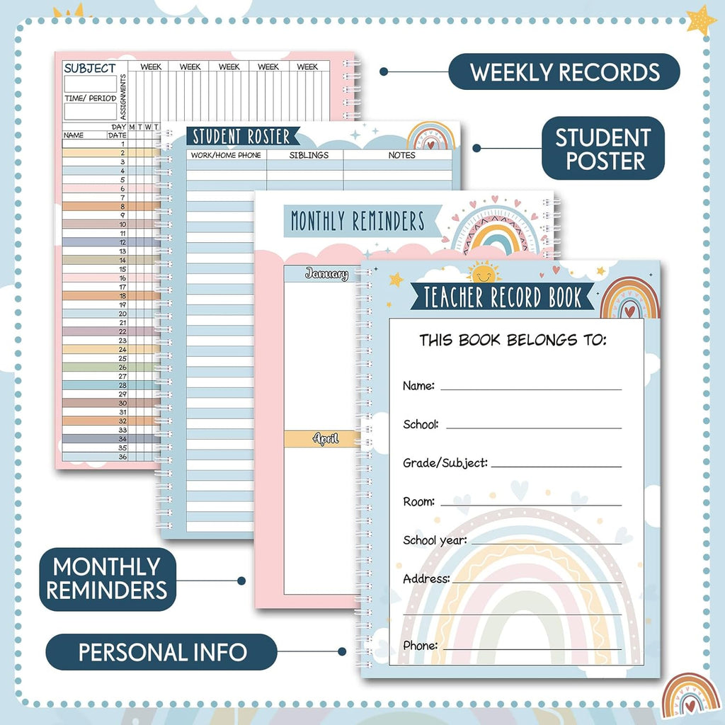 Teacher Record Book Teacher Grade Books 2025-2026 Spiral Bound Record Class Grade Book Office Favors Gift for Classroom Attendance Supplies Decoration Double Sided(Rainbow)