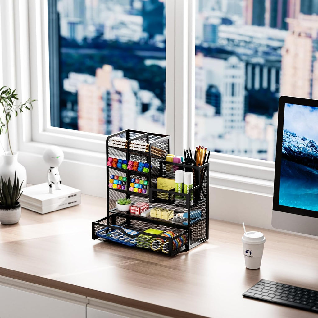 Marbrasse Mesh Pen Holder for Desk, Multi-Functional Pencil Organizer with Drawer, Desk Organizers and Accessories for Office Art Supplies (Black)