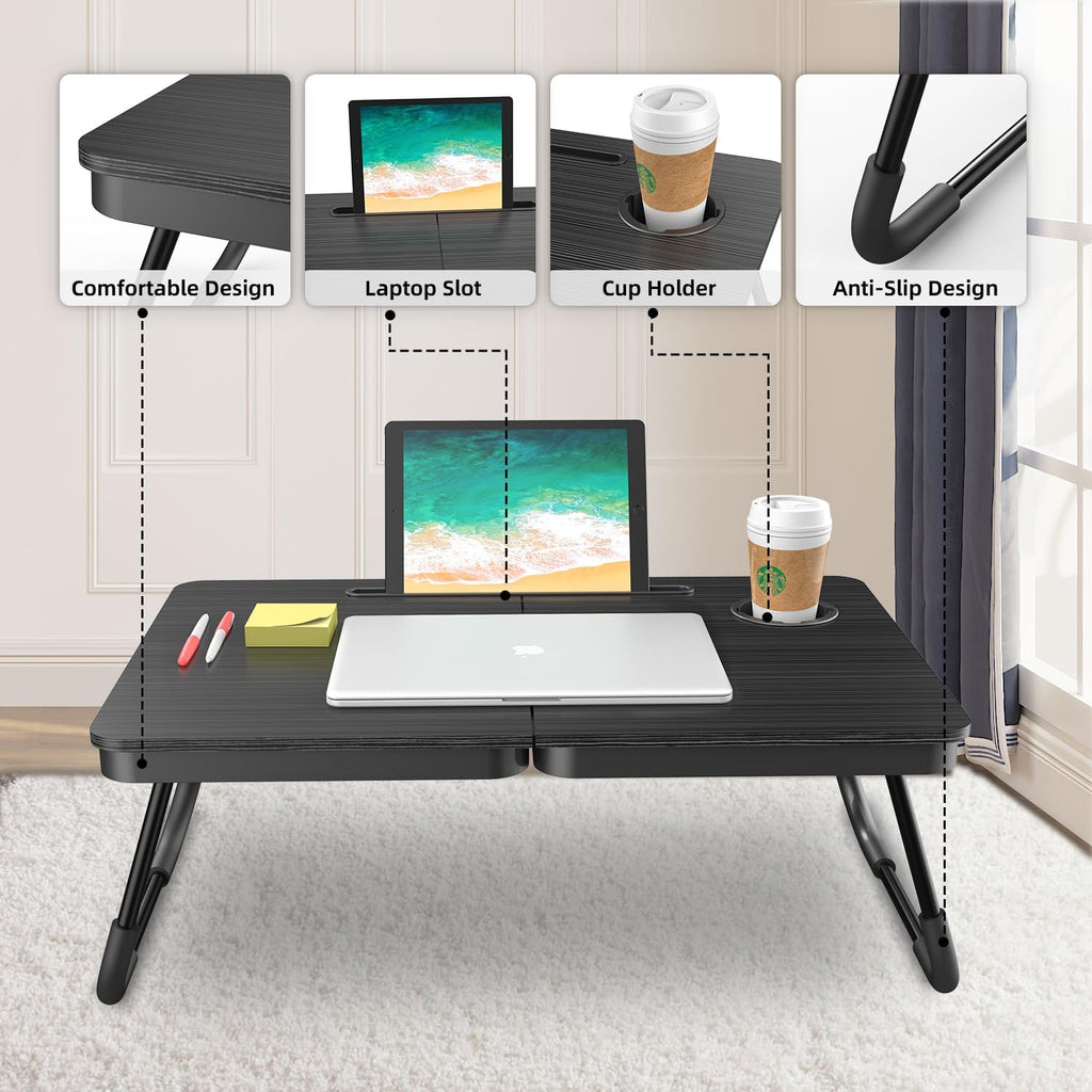 BUYIFY Portable Foldable Laptop Desk for Bed and Couch, Adjustable Lap Desk with Cup Holder and Phone Holder, Ideal for Working, Reading, Writing, and Breakfast (Black)