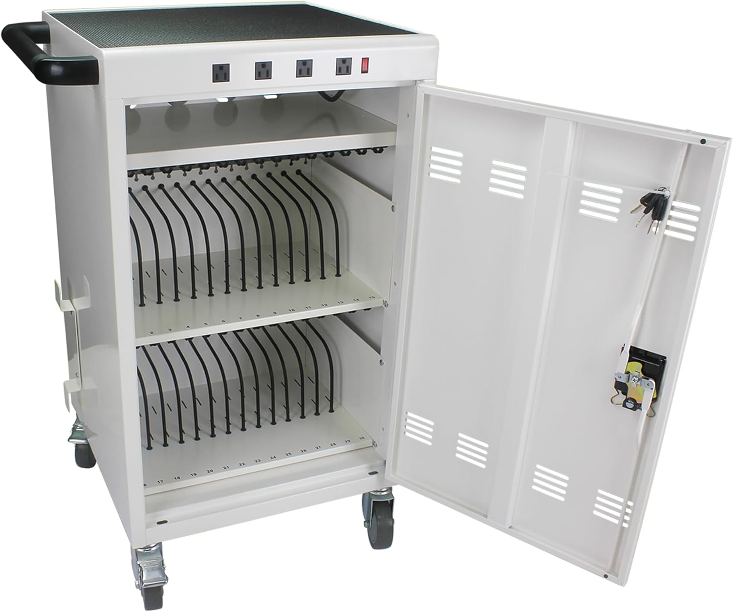 36 Device Charging Cart, Laptop and Tablet Storage Cart, Holds Up to 16.3" with Cord Management, Front and Rear Door Locks, Classroom or Office Charging Cabinet.White with 4 Position Power Strip