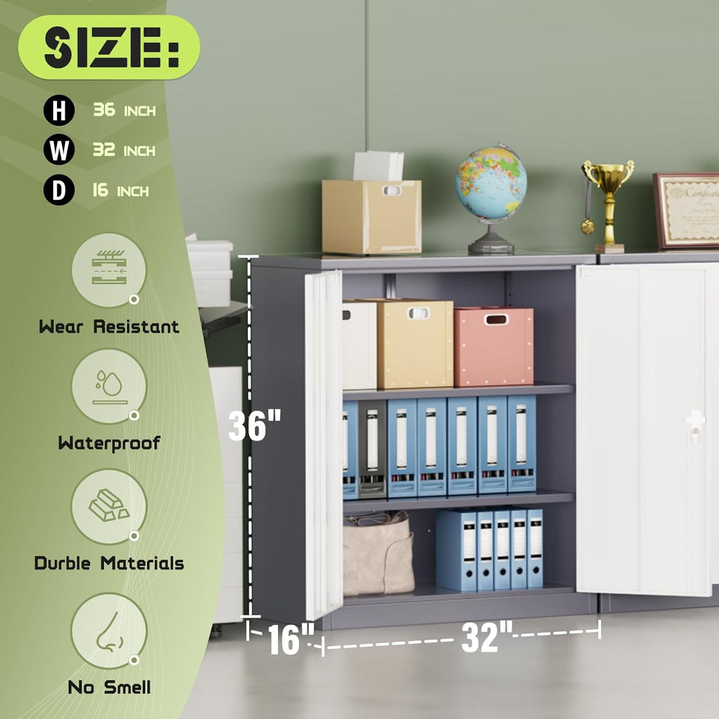 SUNCROWN Metal Storage Cabinets, 36”Locking Cabinet with Doors and Adjustable Shelves, Steel Utility Tool Garage Cabinets for Home, Office, Kitchen,Warehouse （Grey & White）