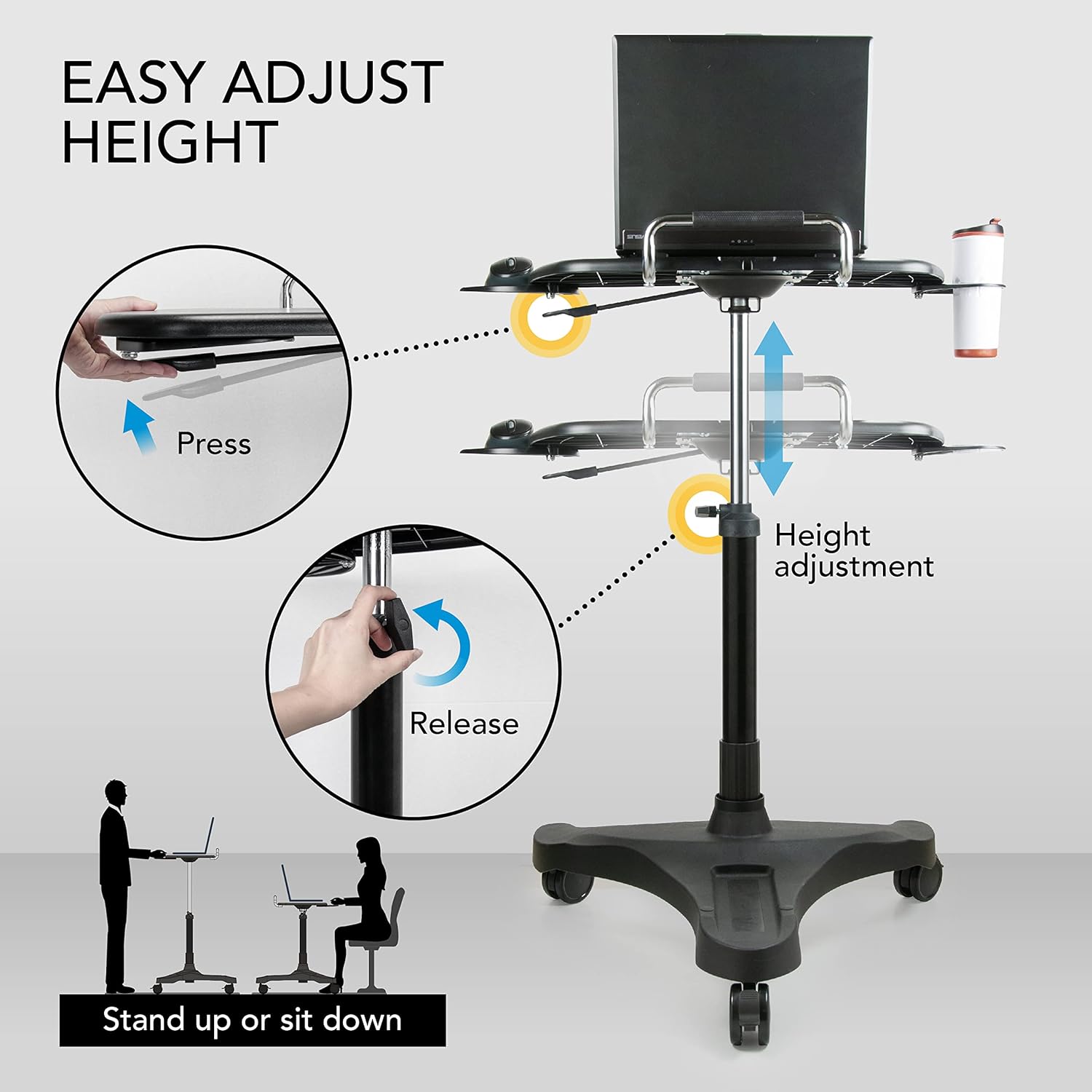 EHO Mobile Laptop Desk Cart with Wheels, Height Adjustable Standing Desk with Pneumatic Lift, Rolling Workstation with Mouse Tray and Cup Holder, Portable Table for Home Office or Classroom