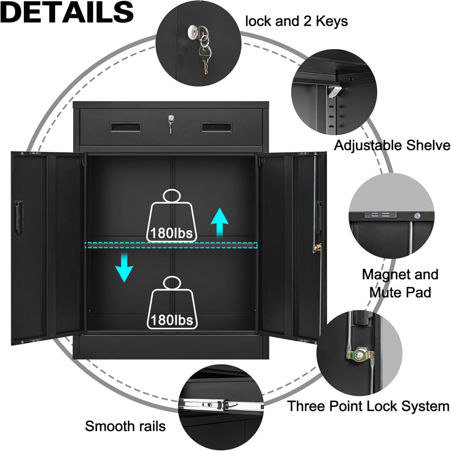 CMY Metal Storage Cabinet, Locking Storage Cabinet with One Drawer and Adjustable Shelf, 36.2" H x 28" W x 16" D Metal Cabinet for Office, Garage, Home-Black