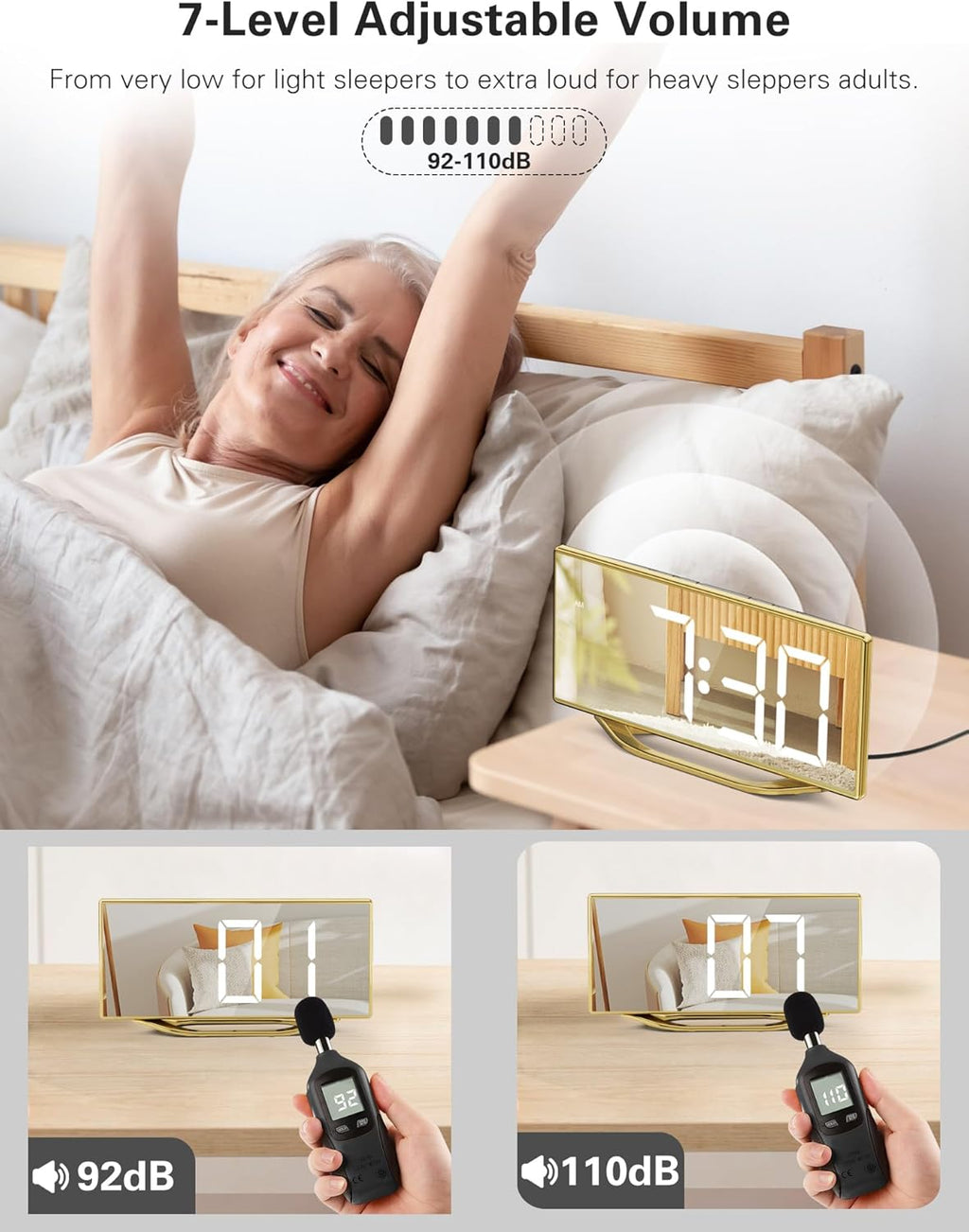 Digital Alarm Clock for Bedrooms, Slim LED Desk Clock with Gold Mirror Finish, 7 Levels Brightness, Dual USB Ports, Snooze, 12/24H, 8.7" Large Display Modern Bedside Clock for Home Office Decor