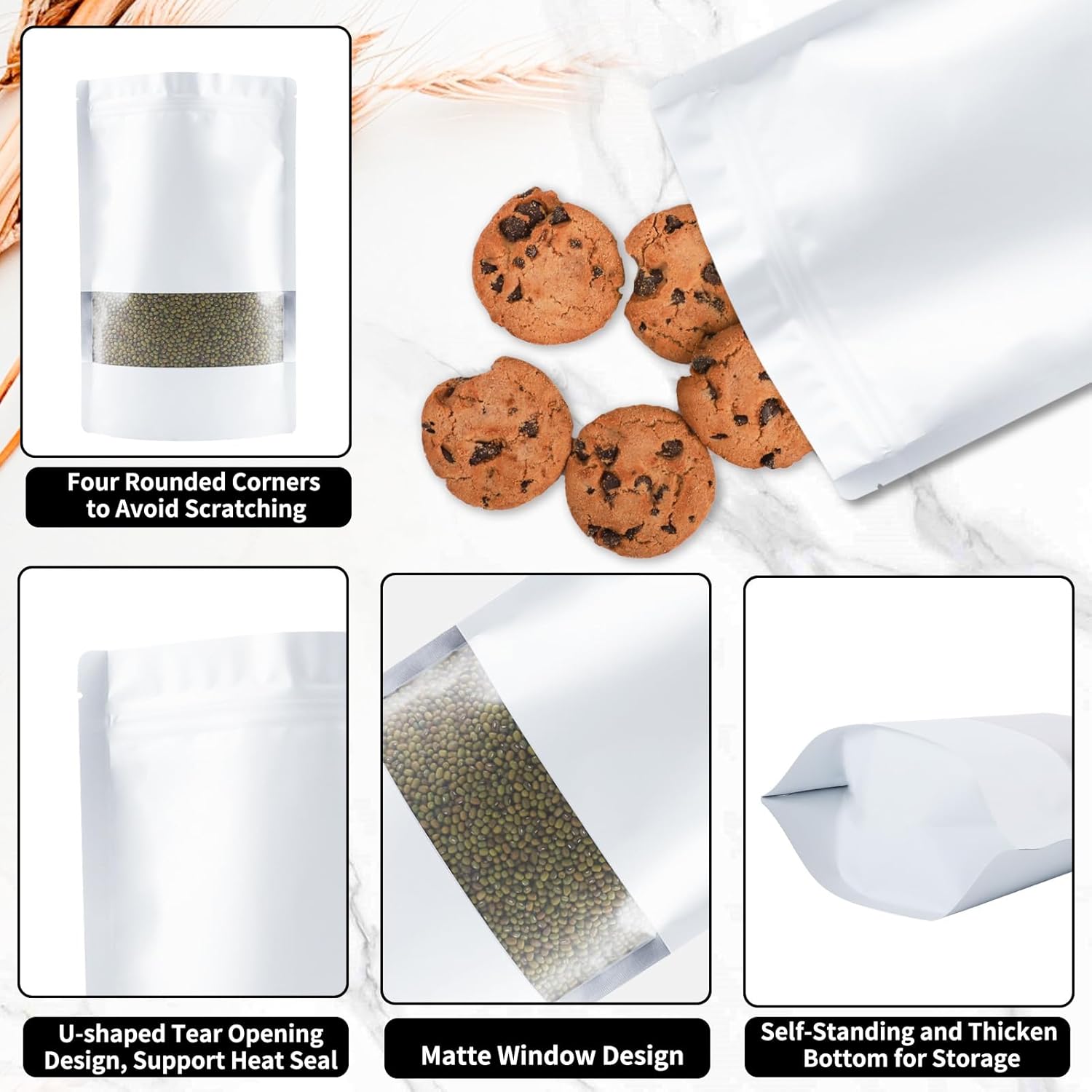 100 Pack Smell Proof Bags, Resealable White Mylar Bags with Matte Window, Foil Pouch Stand Up Sealable Bags for Packaging, 4.72 × 7.87 Inch