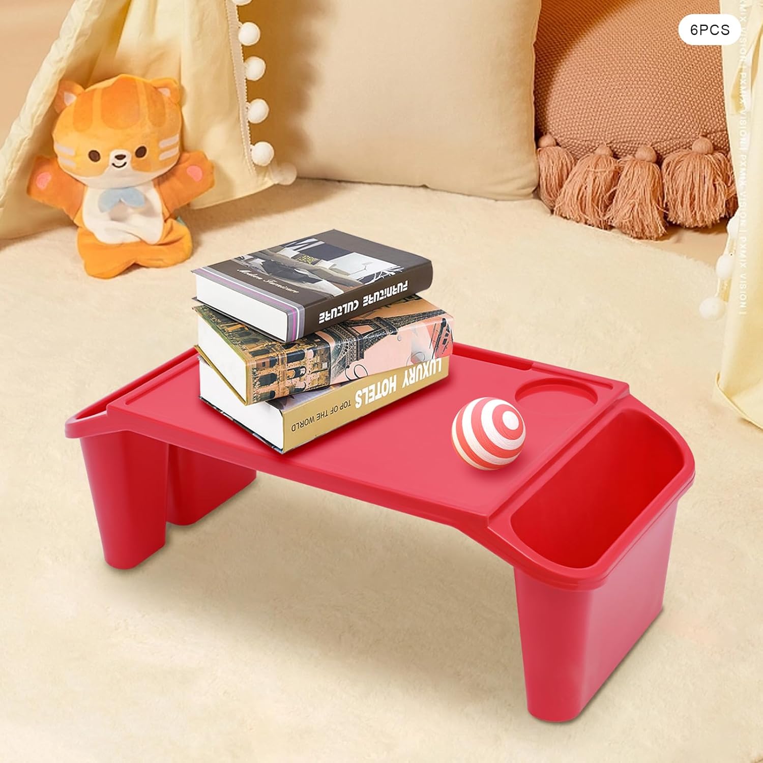 6 Pack Kids Lap Desk Tray with Storage Slots, Portable Lap Desk, Activity Tray, Drawing, Stackable, Writing, Eating, Classroom, 19.69" L x 9.84" W x 7.1" H (Red)