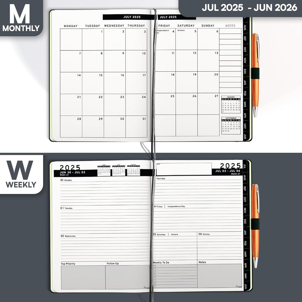 Ensight 2025-2026 HARDCOVER Leather Planner Weekly & Monthly - 6.5x8.5 Inches - Academic Planner Business Personal or Student - Pen Holder, Thick Paper, July 2025 - June 2026 (Black)