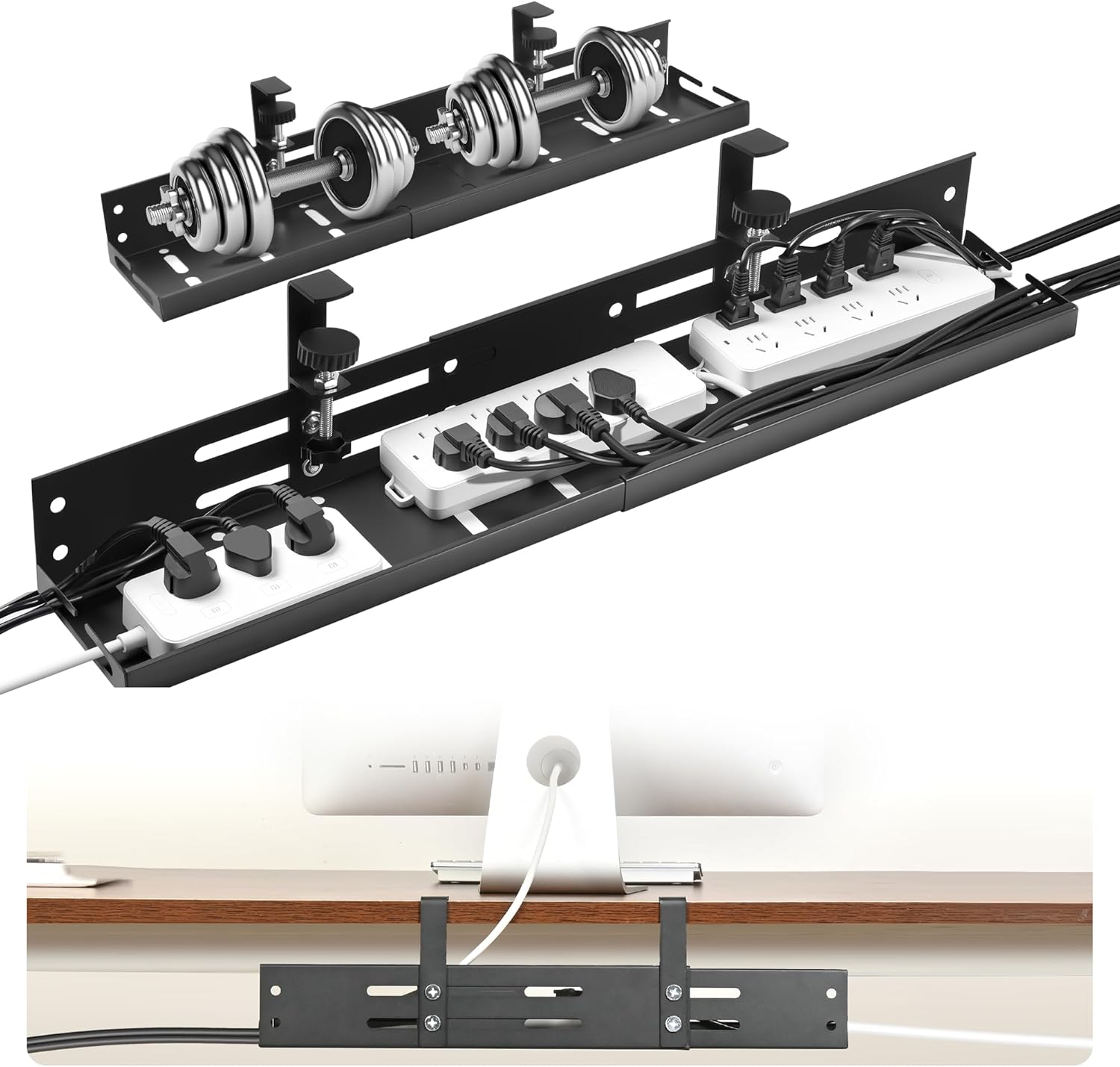 No Drill Under Desk Cable Management Tray, 17"-30" Retractable Long Cable Tray with Clamp Mount, Metal Cord Organizer, Support 50 lbs+, Wire Management Basket for Home Office, Black