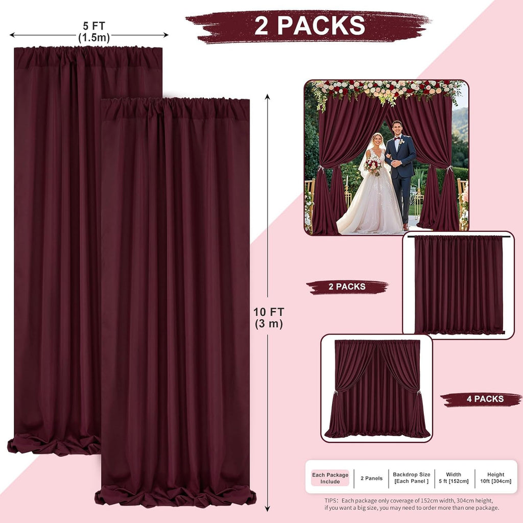 Burgundy Backdrop Curtains Photo Booth Background 2 Panels 5ft x 10ft Polyester Fabric Drapes for Wedding Party Anniversary Ceremony Decorations