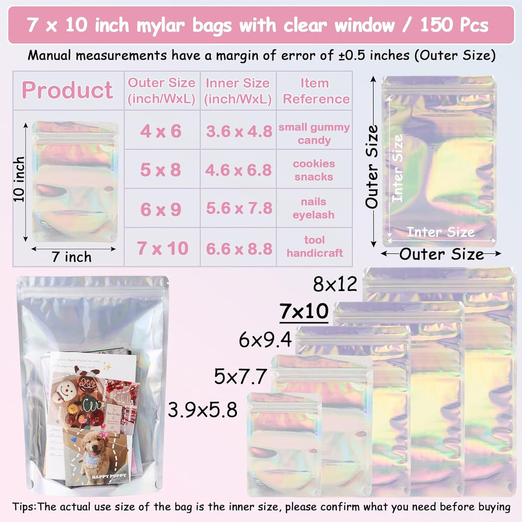 150 Pcs Mylar Bags for Food Storage, 7x10 Mylar Bag with Window Stand Up, Large Holographic Resealable Bags Smell Proof Bag Food Packaging for Small Business Freeze Dried Candy Jewelry Foil Packaging