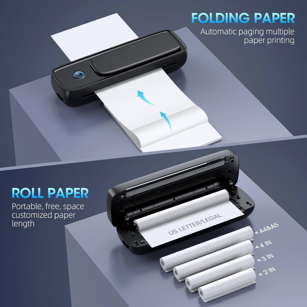 Portable Thermal Printer, Wireless & Bluetooth Mini Inkless Printer for Travel, Office, Home, Supports 8.5x11inch, Compatible with iPhone, Android, Laptop(Black)