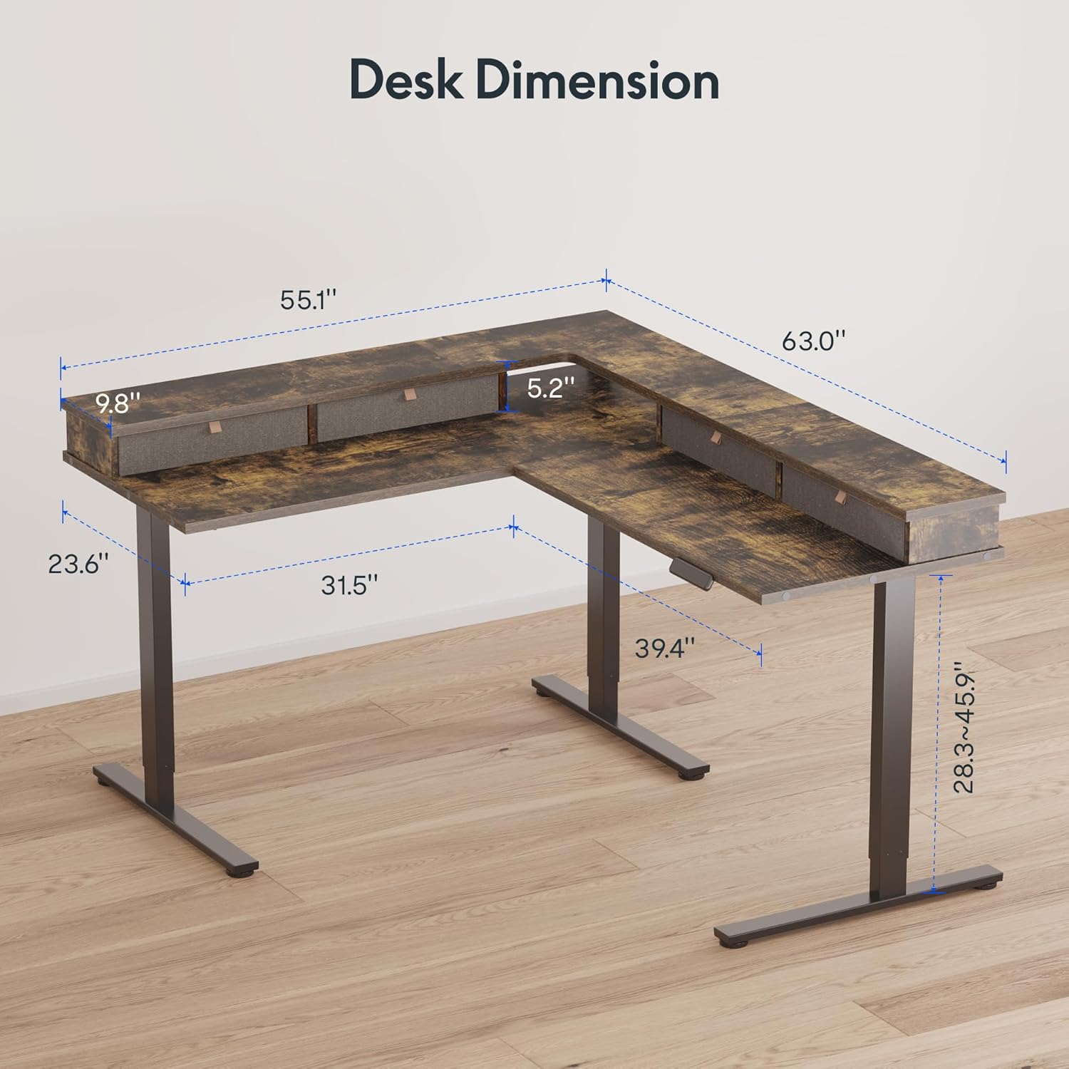 FLEXISPOT 63" L Shaped Standing Desk Electric Corner Table with Shelf, 4 Storage Drawers, Adjustable Computer Workstation for Home, Office, Game, Studio, Rustic Brown Top + Black Frame