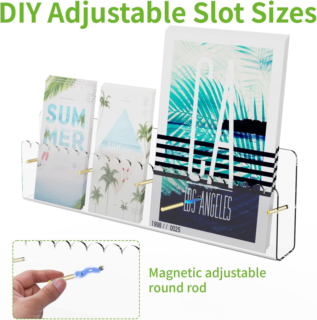 Brochure Holder Wall Mount, 2 Pack Acrylic Modular Flyer with Adjustable Magnetic Golden Bolt, Wavy Lace Pamphlet Display Stand for Organizer Trifold Flyer, Document, Leaflet, 4 Slots