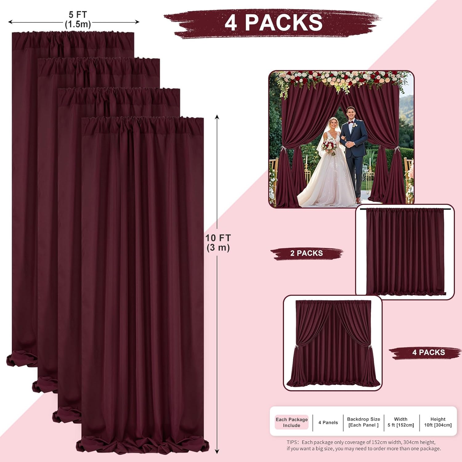 Burgundy Backdrop Curtains 4 Panels 5ft x 10ft Polyester Photo Backdrop Drapes for Wedding Christmas Party Background Decorations 20x10 FT