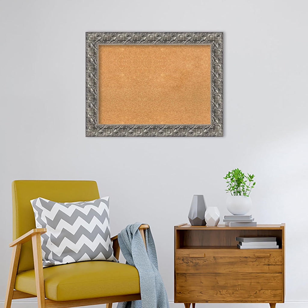 Amanti Art Natural Cork Board for Wall, 26x34 Vision Board with Silver Wood Frame, Medium Corkboard Office Decor for Home Organization, Traditional Corkboard Pinboard to display items for home