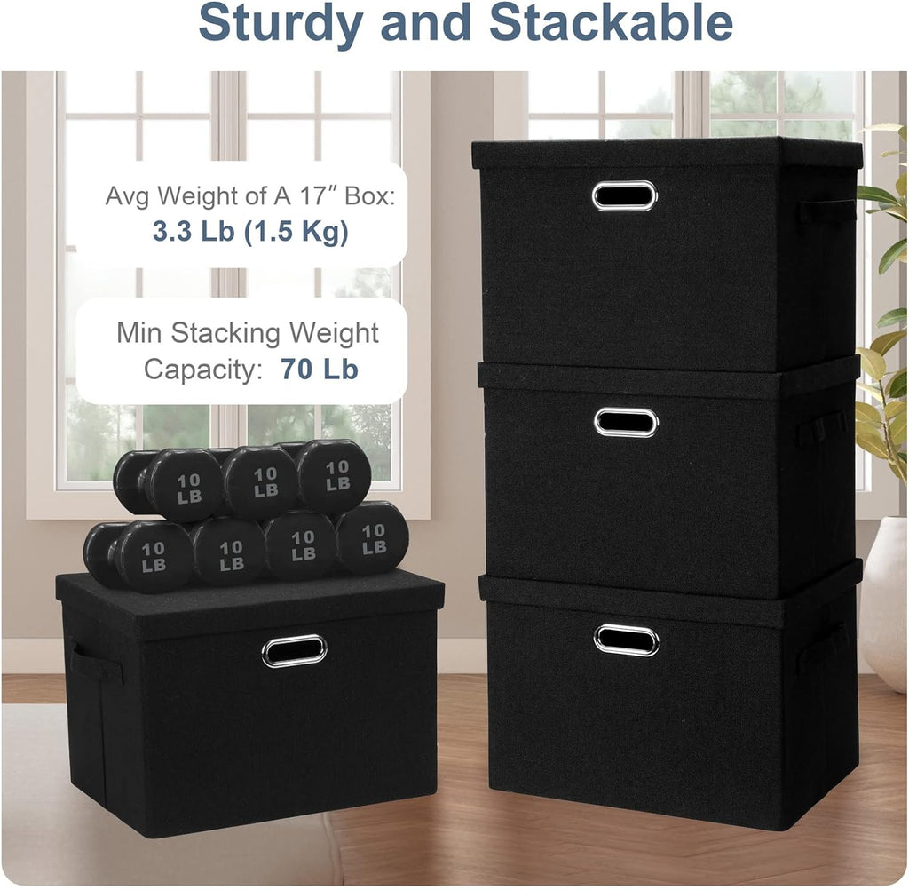 Large 17" 36 Quart Collapsible Stackable Storage Bins with Lids, 3 Packs Black Linen Fabric Closet Boxes with Lids, Storage Cube Baskets Container Organizers for Bedroom Office(17 x12 x11)