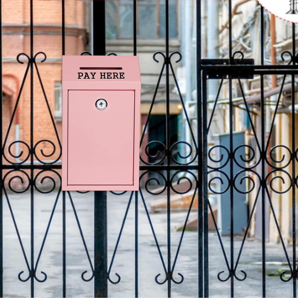 Metal Donation Box Collection Safe Suggestion Box with Lock Wall Mounted Mailbox Delivery Ballot Case Key Drop Case for Home Office Outdoor Door (Pink, 10.24 x 5.71 x 2.95 Inch)