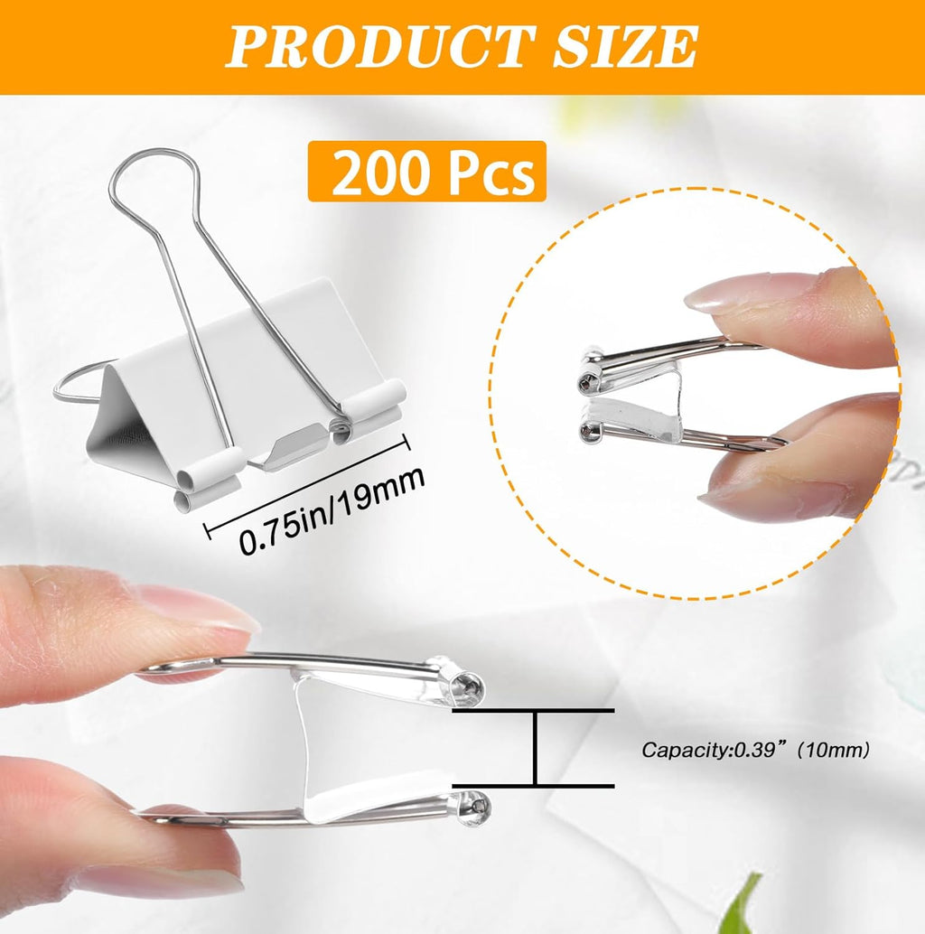 Jetec 200 Pack 0.75in/19mm White Metal Binder Clips Bulk Medium Reusable Fold Back Binder Clips Paper Clamps Spring Steel Sturdy for Home School Office Supplies