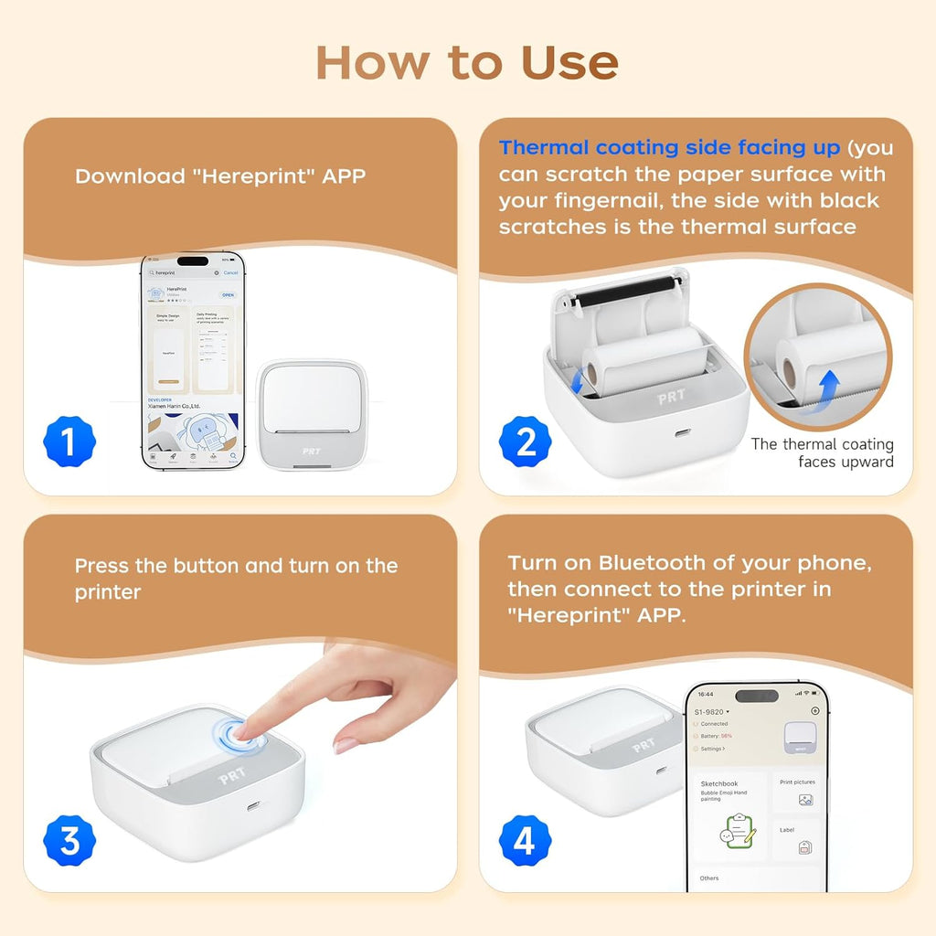 PRT Sticker Printer - S1 Mini Portable Thermal Printer, Bluetooth Sticker Maker Machine with 1 Roll Paper, Pocket Label Maker for Study Notes, Pictures, DIY, Label, Free App with Multiple Templates