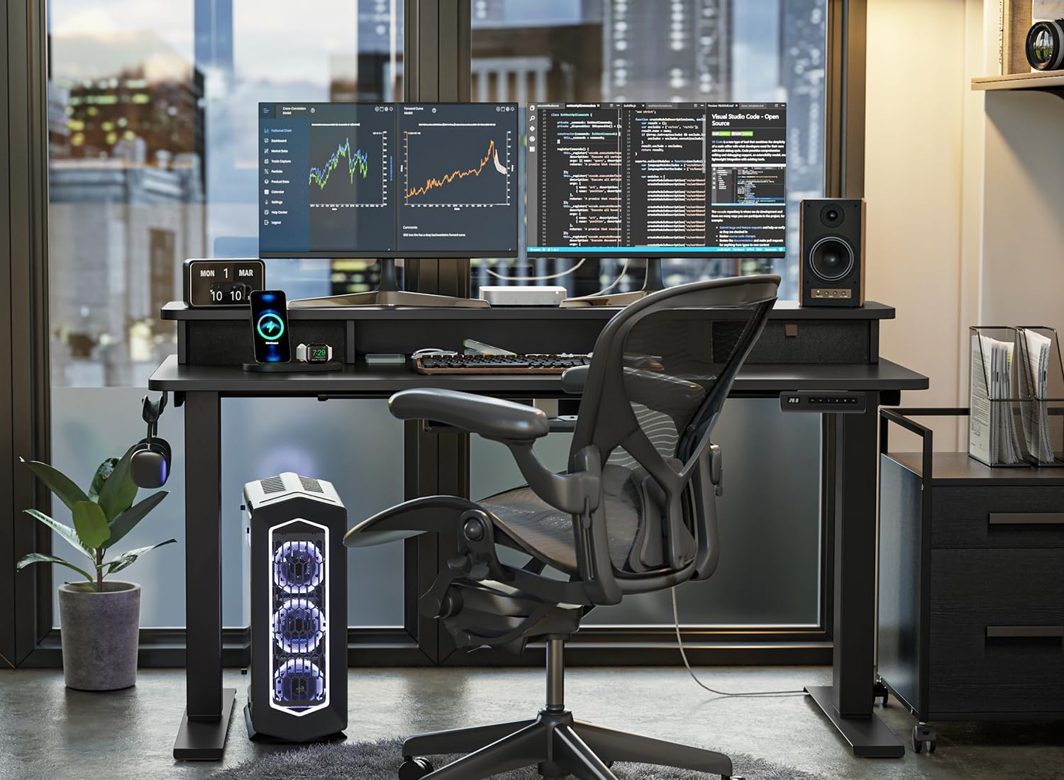 FEZIBO 63 x 28 Inch Deeper Height Adjustable Electric Standing Desk with Double Drawers, Sit Stand Up, Home Office Computer Desk with 4 Height-Adjustable Feets & 2 Hooks, Black Frame/Black Top