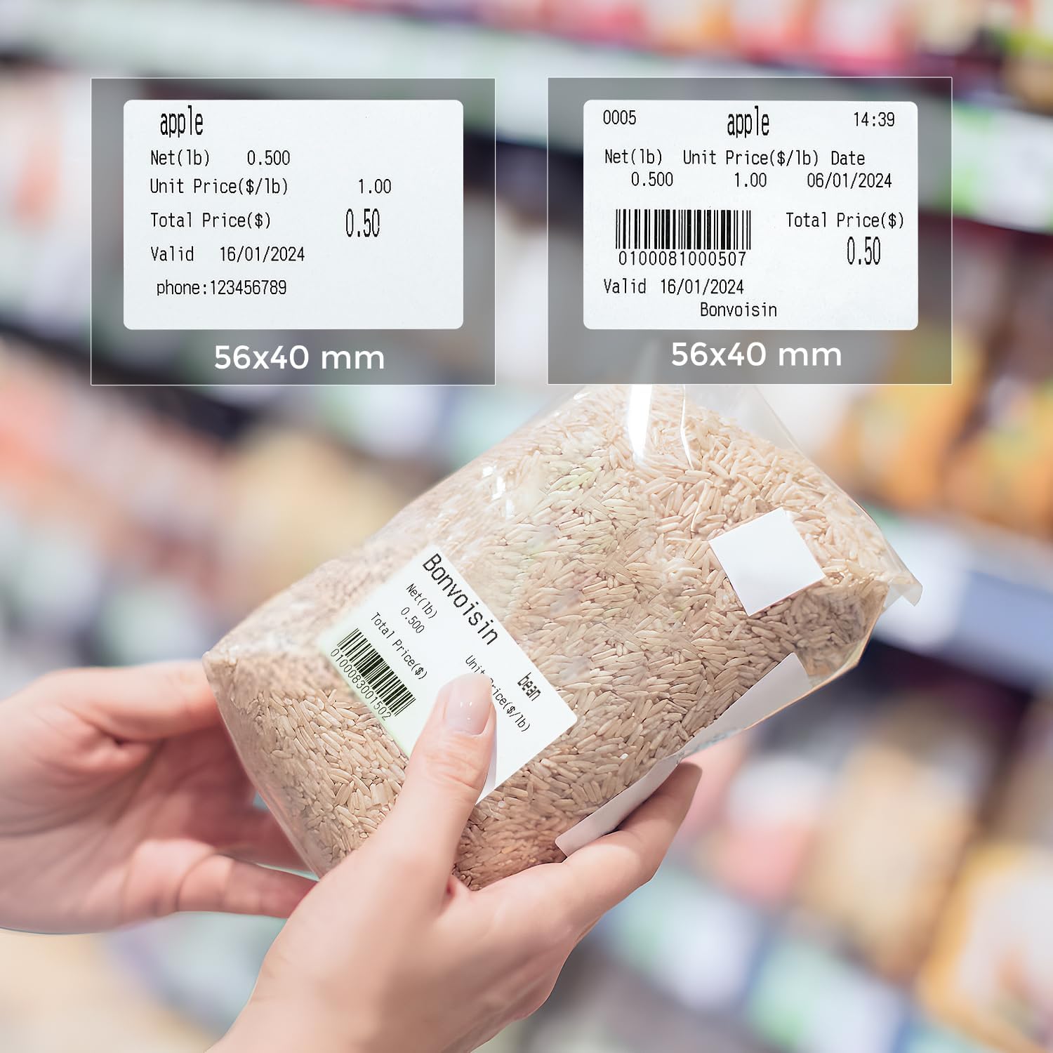 Bonvoisin Printing Scale Label Rolls, 58 X 40 mm, Barcode Label, 12 Rolls Per Case